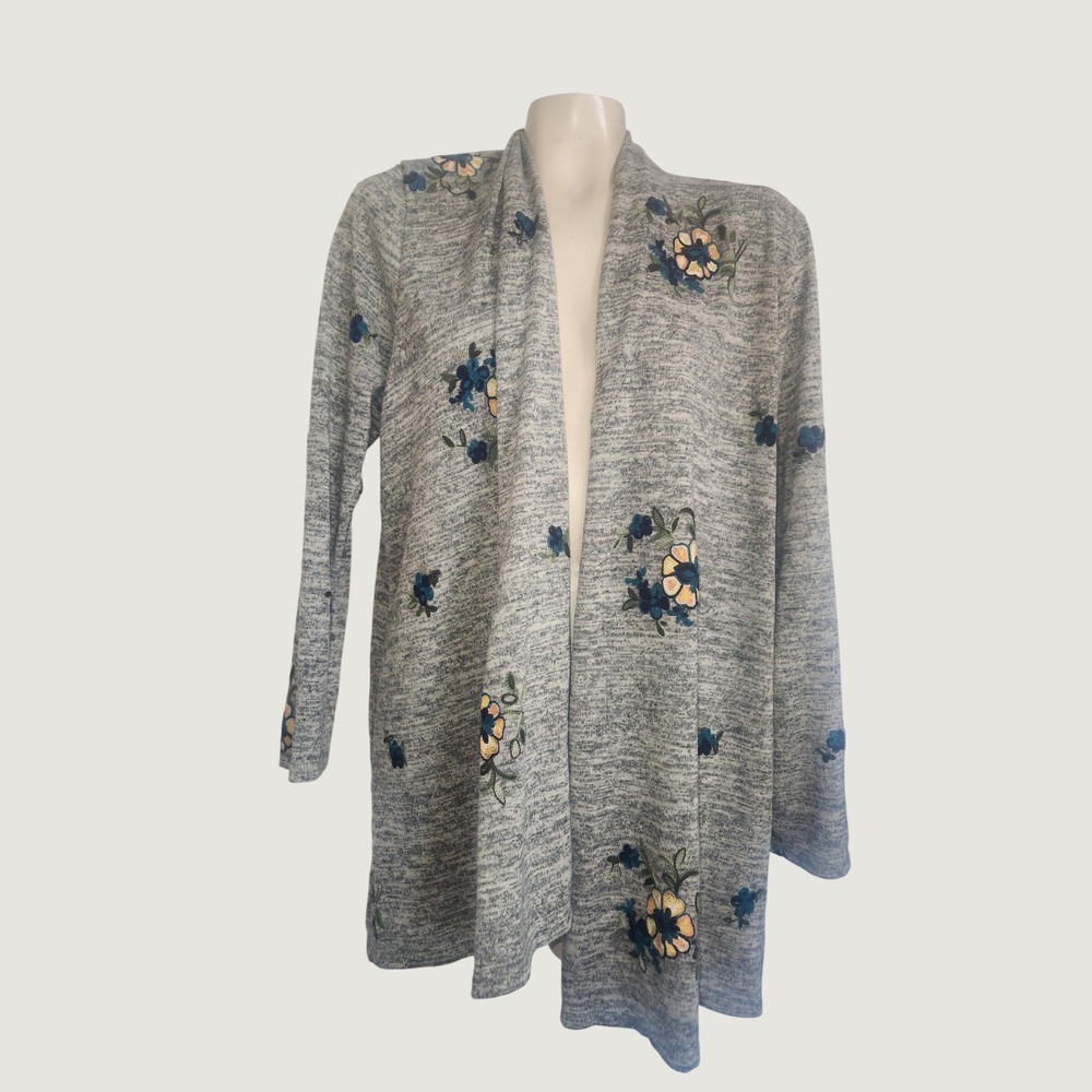 Fig and Flower Grey Marl Floral Embroidered Open‎ Front Cardigan Womens L Luxury